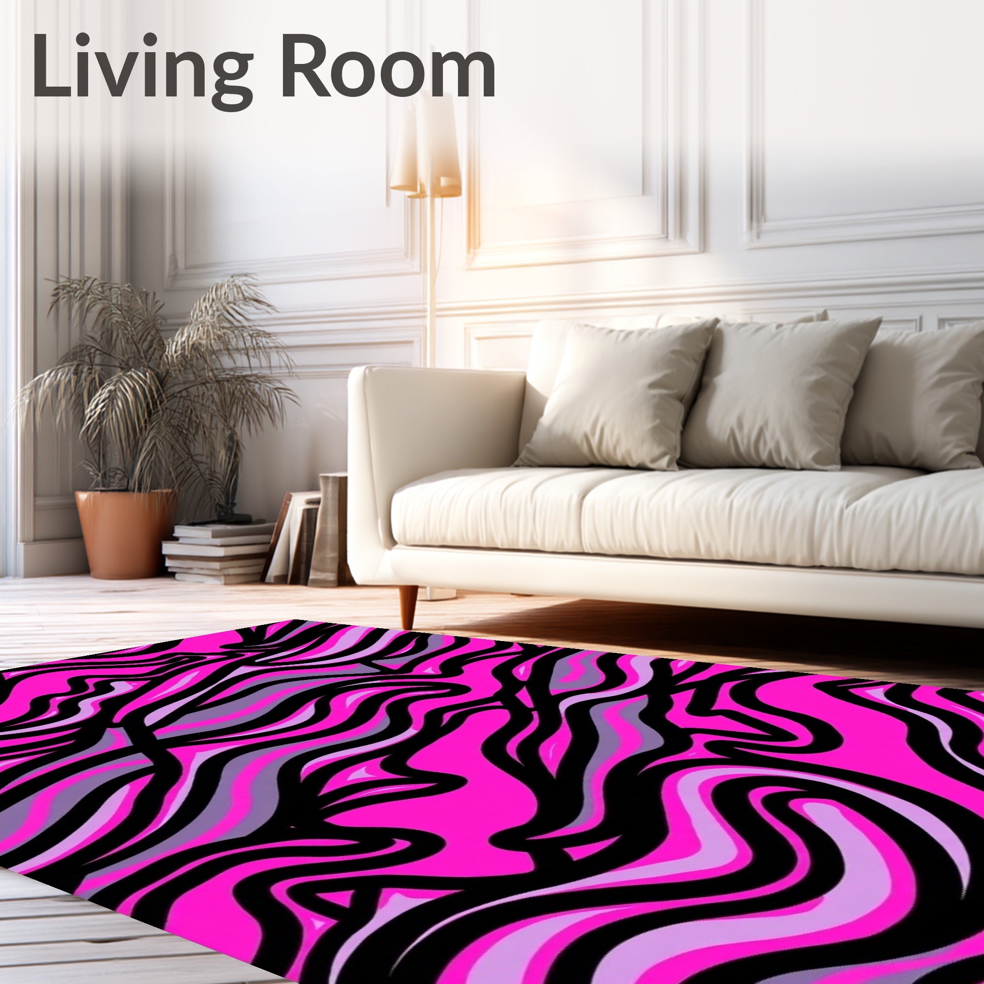 Dynamic Hot Pink Black Striped Waves Rug