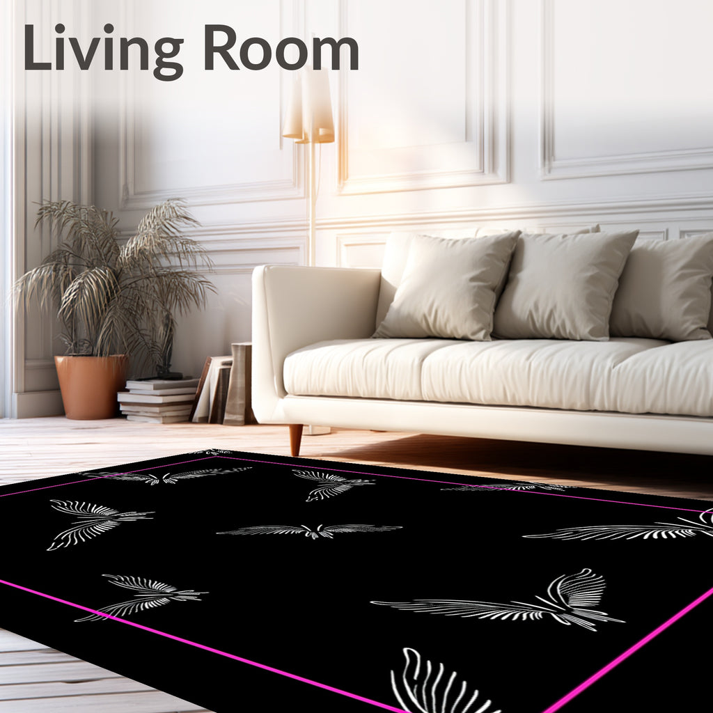 Ornate White Winged Creatures Black Rug