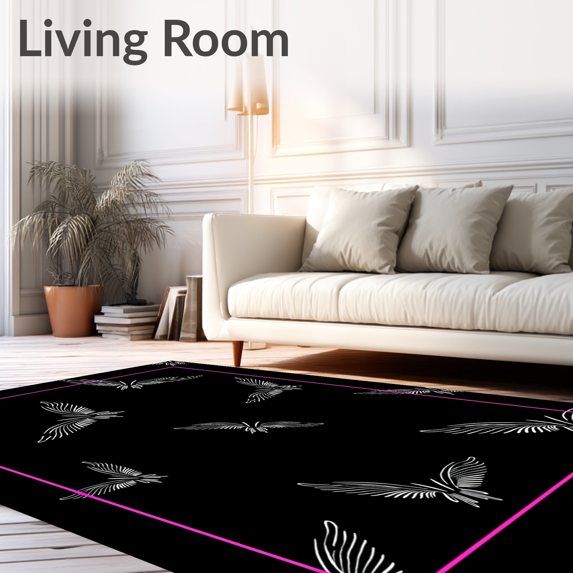 Ornate White Winged Creatures Black Rug