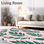 Emerald Green Leafy Branches Pink Background Rug