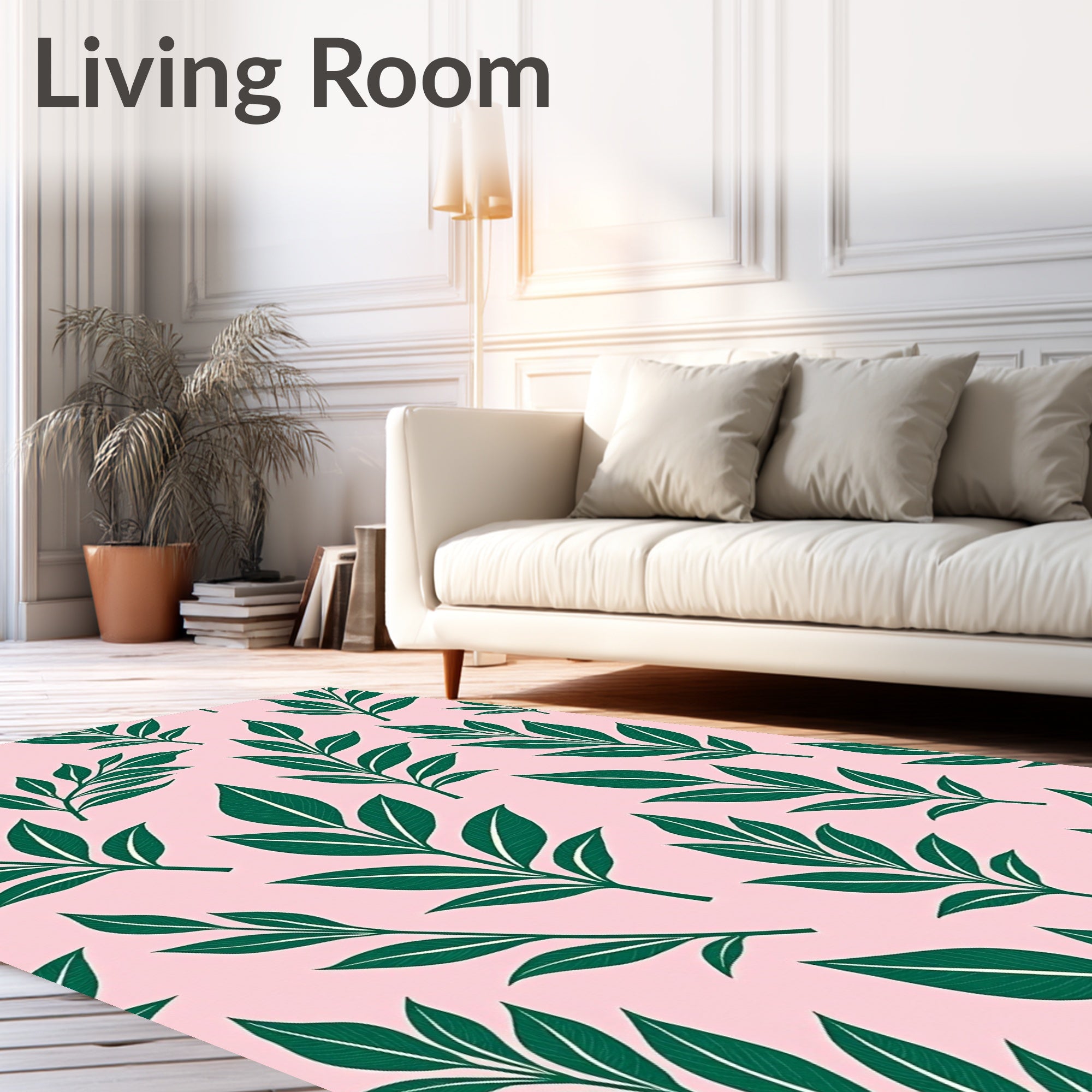 Emerald Green Leafy Branches Pink Background Rug