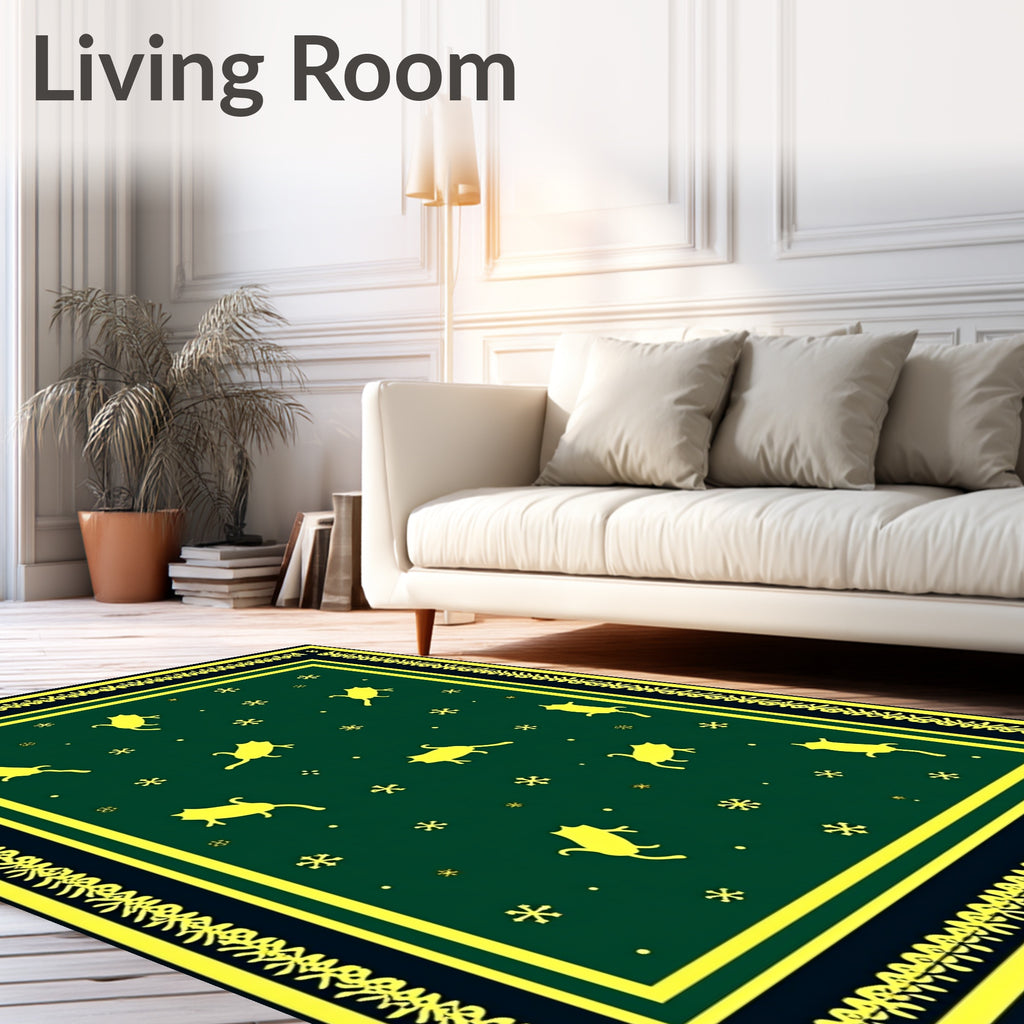 Yellow Cats Snowflakes Green Area Rug