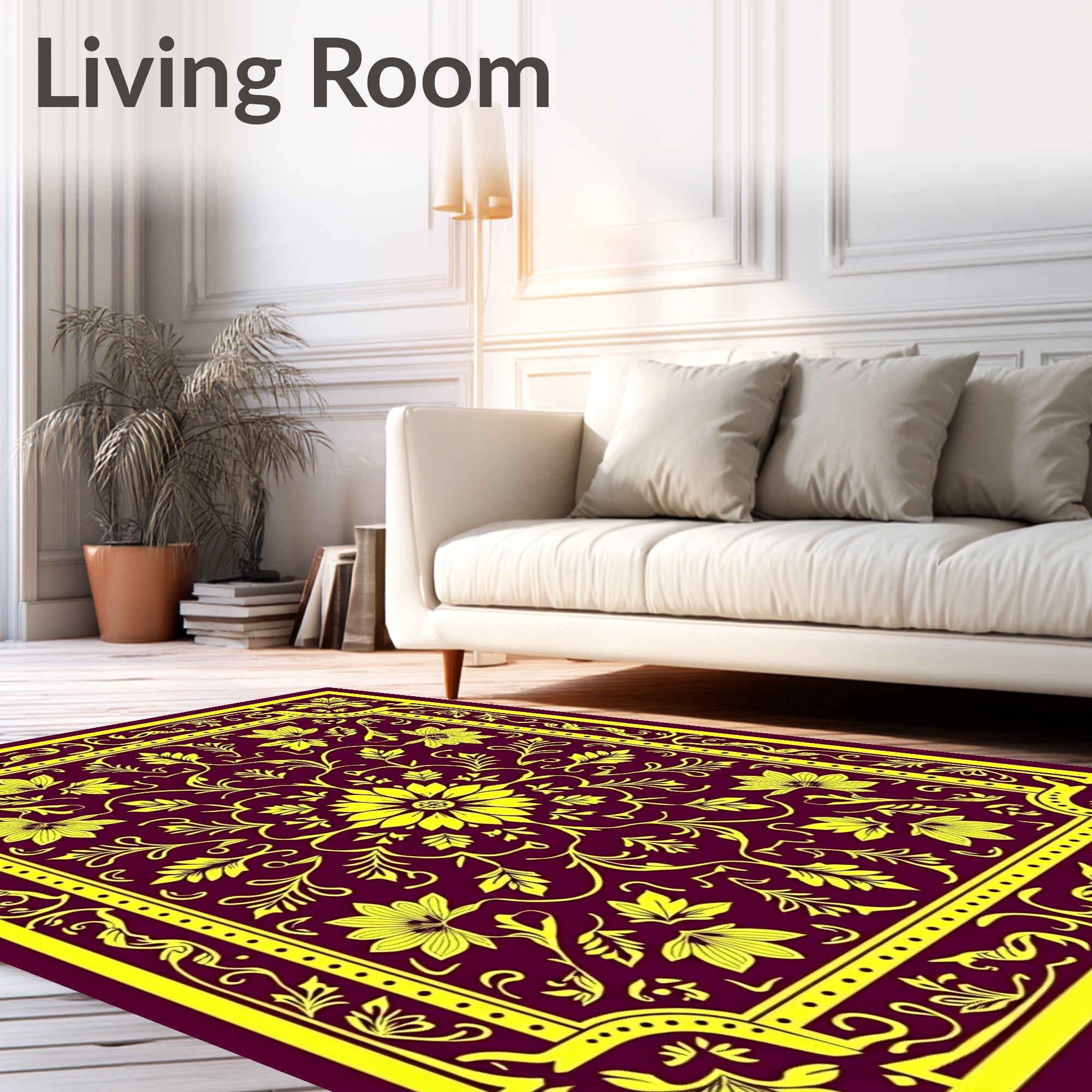 Yellow Floral Medallion Burgundy Border Rug
