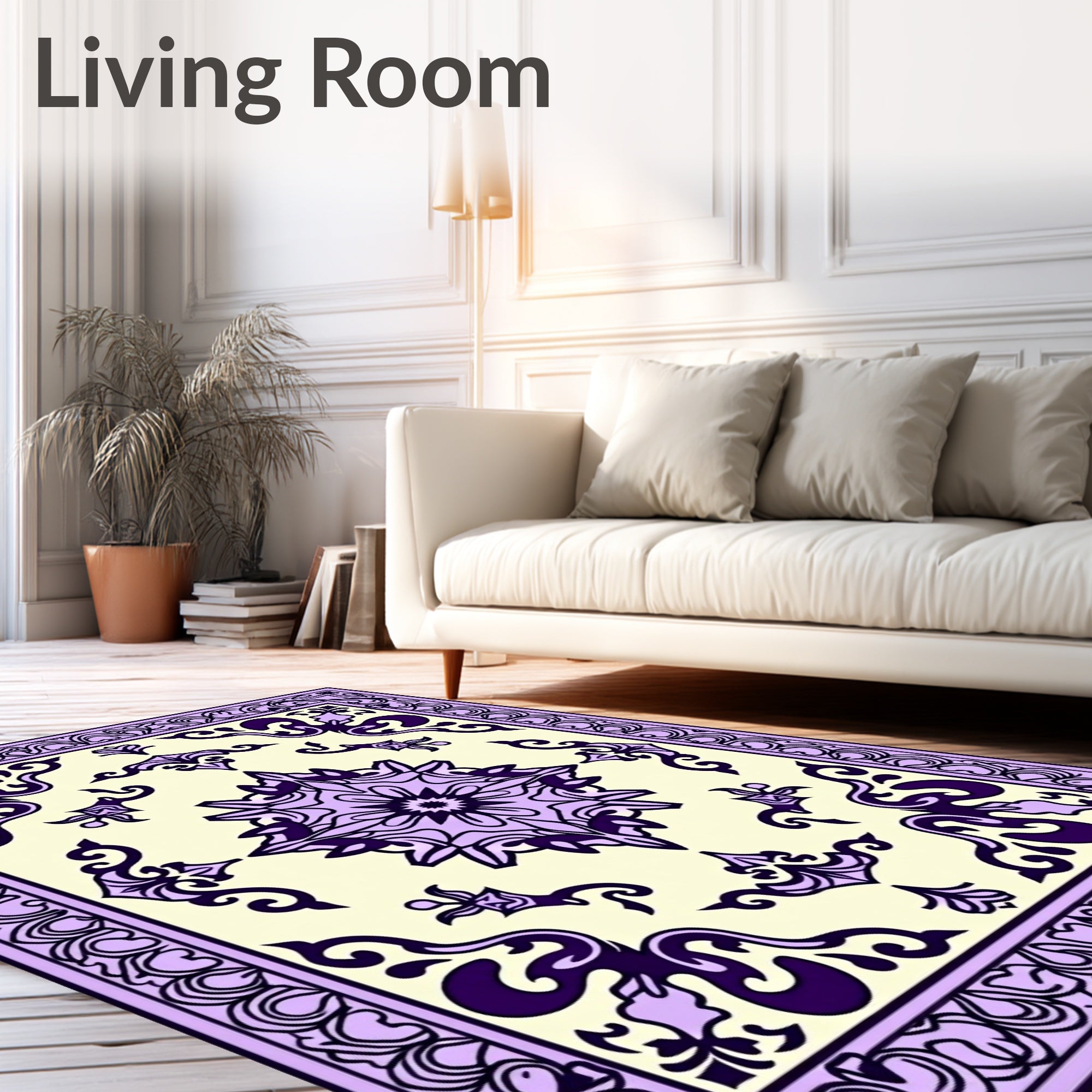 Lilac Floral Medallion Cream Border Rug