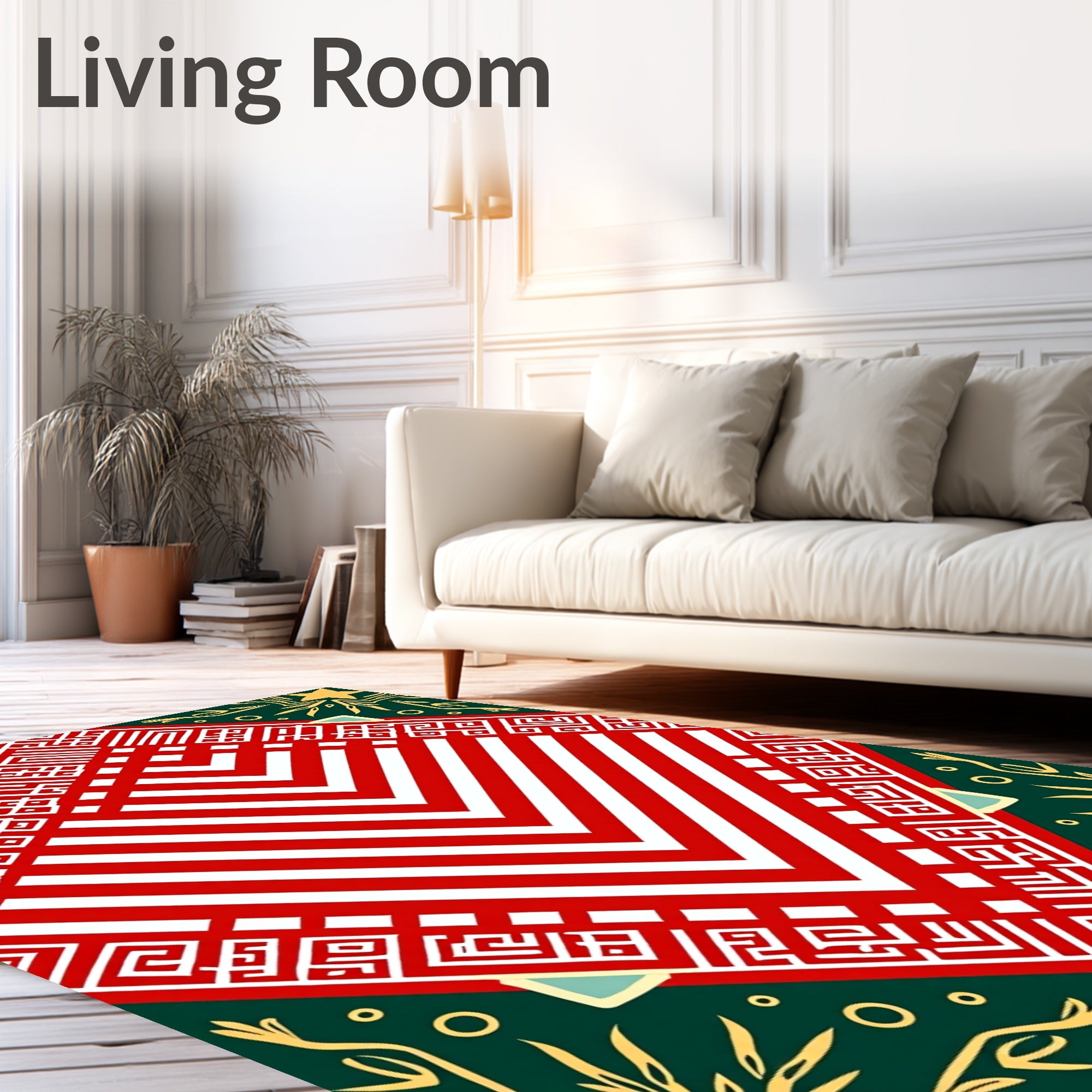 Red White Chevron Geometric Border Rug