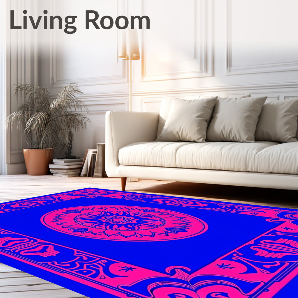 Bold Pink Floral Mandala Blue Frame Rug