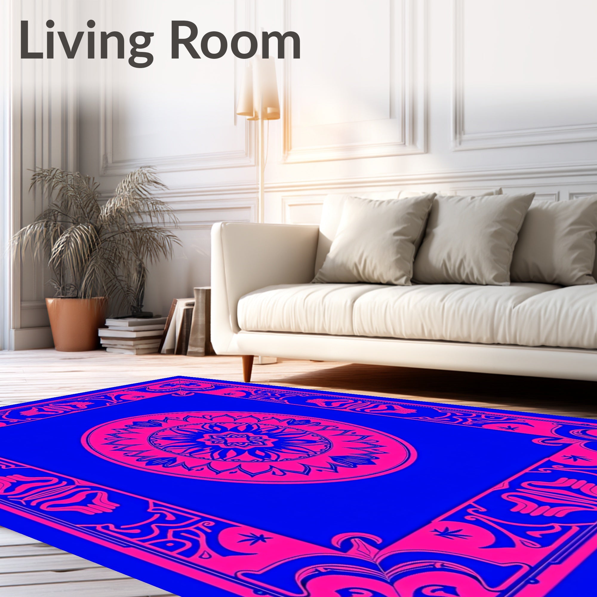 Bold Pink Floral Mandala Blue Frame Rug