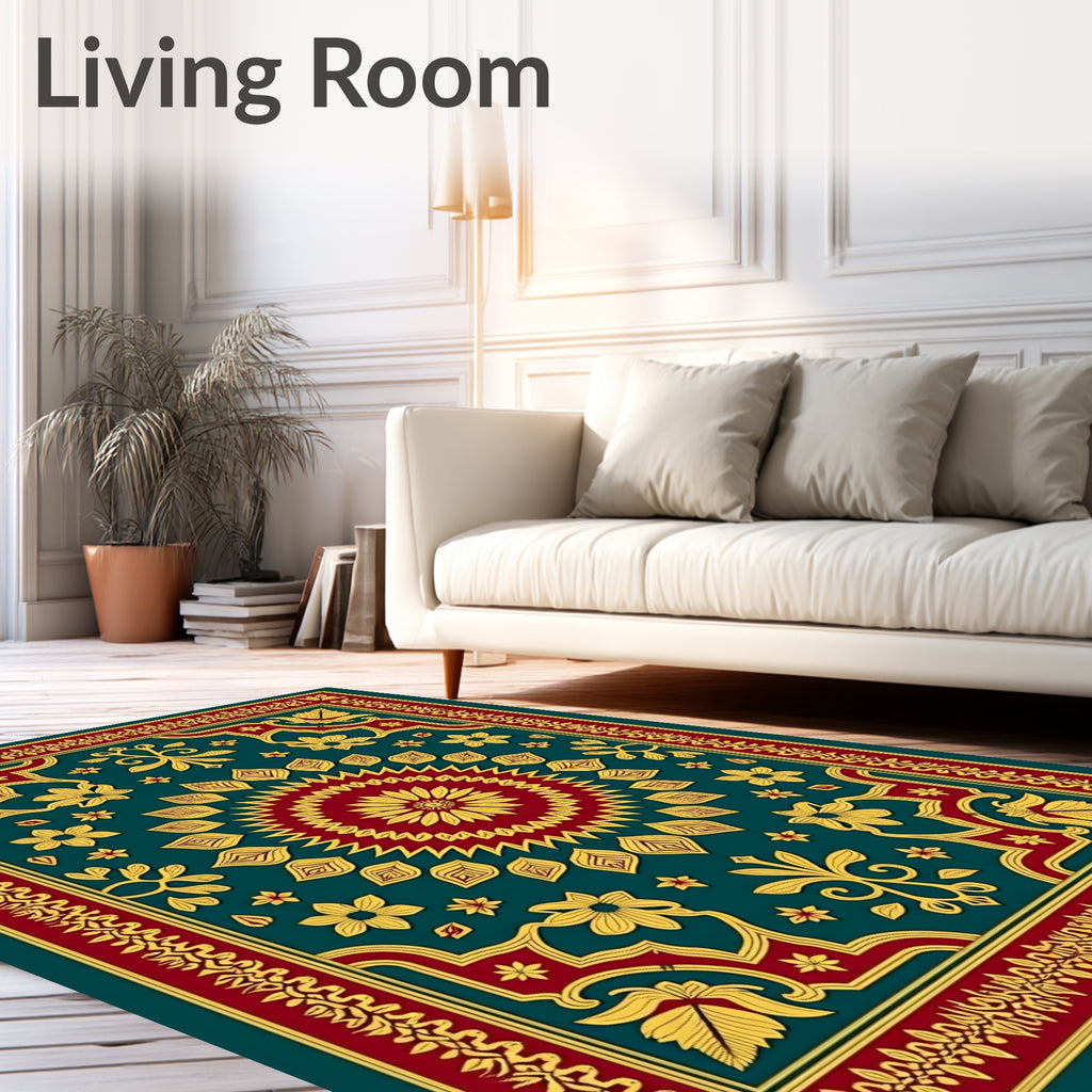 Deep Teal Floral Medallion Border Rug