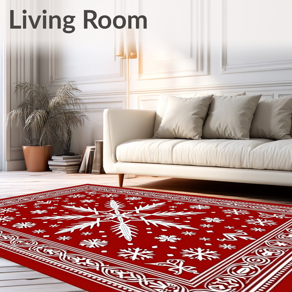 Crimson White Snowflake Holiday Border Rug