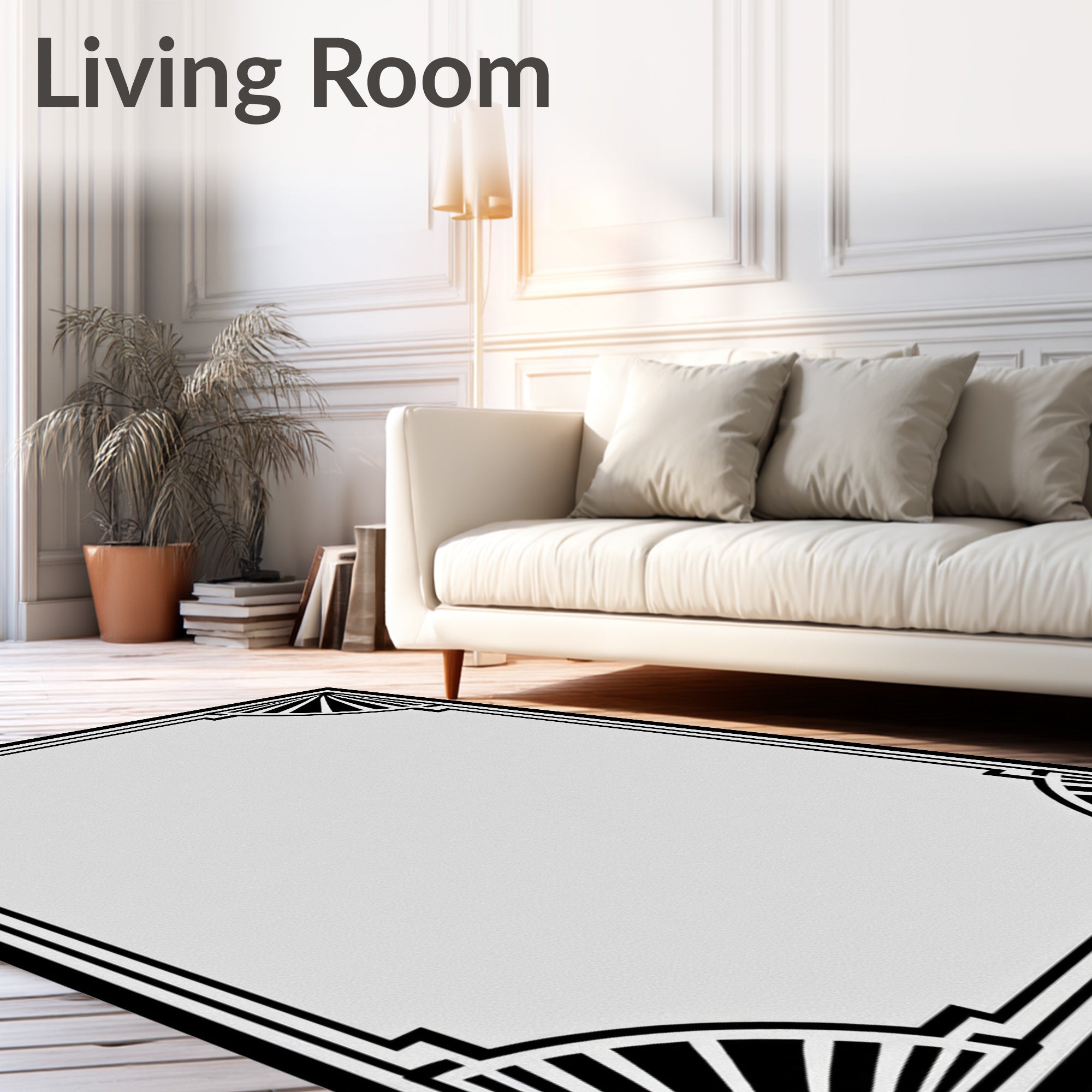 Art Deco Black White Sunburst Border Rug
