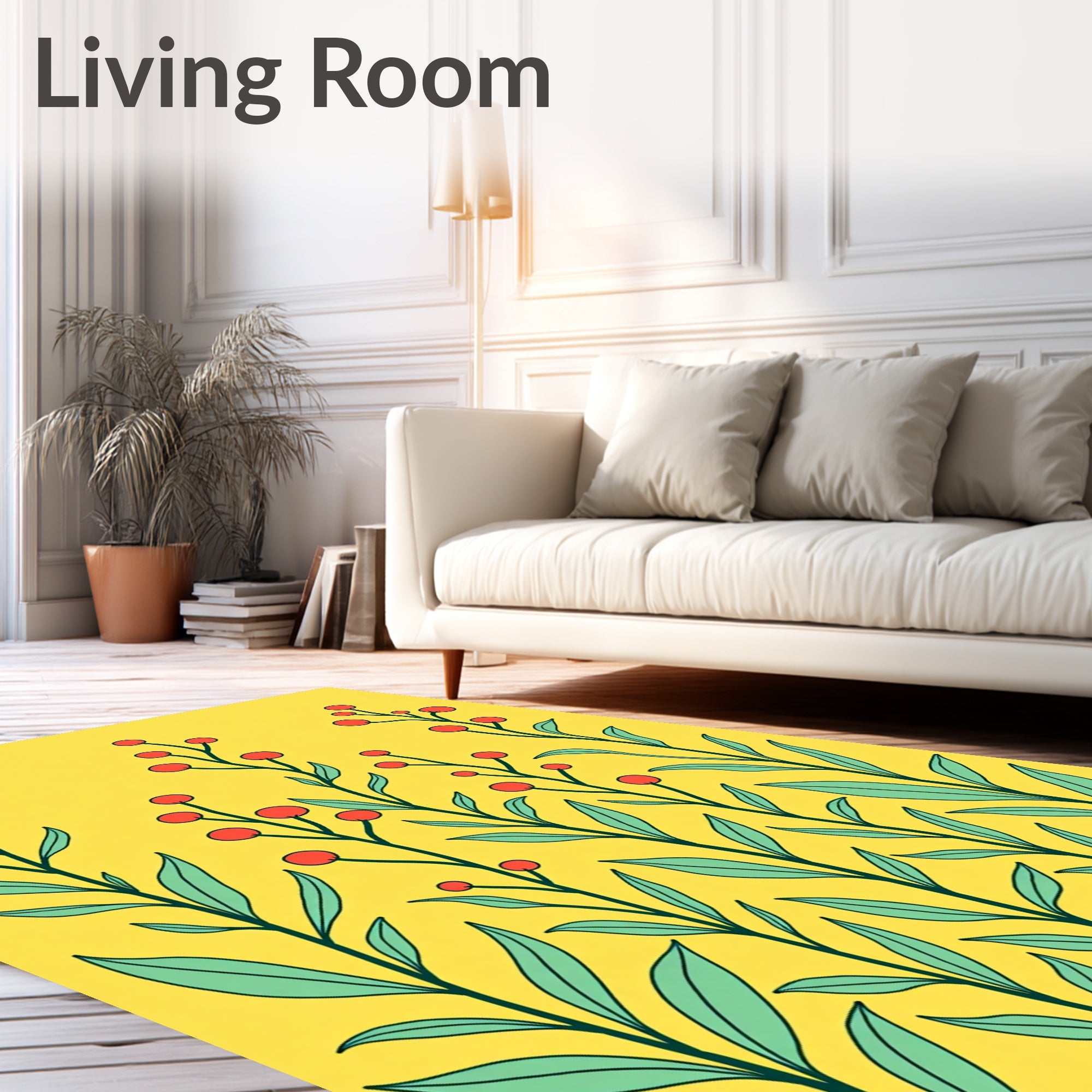 Red Berry Stems Green Leaves Rug