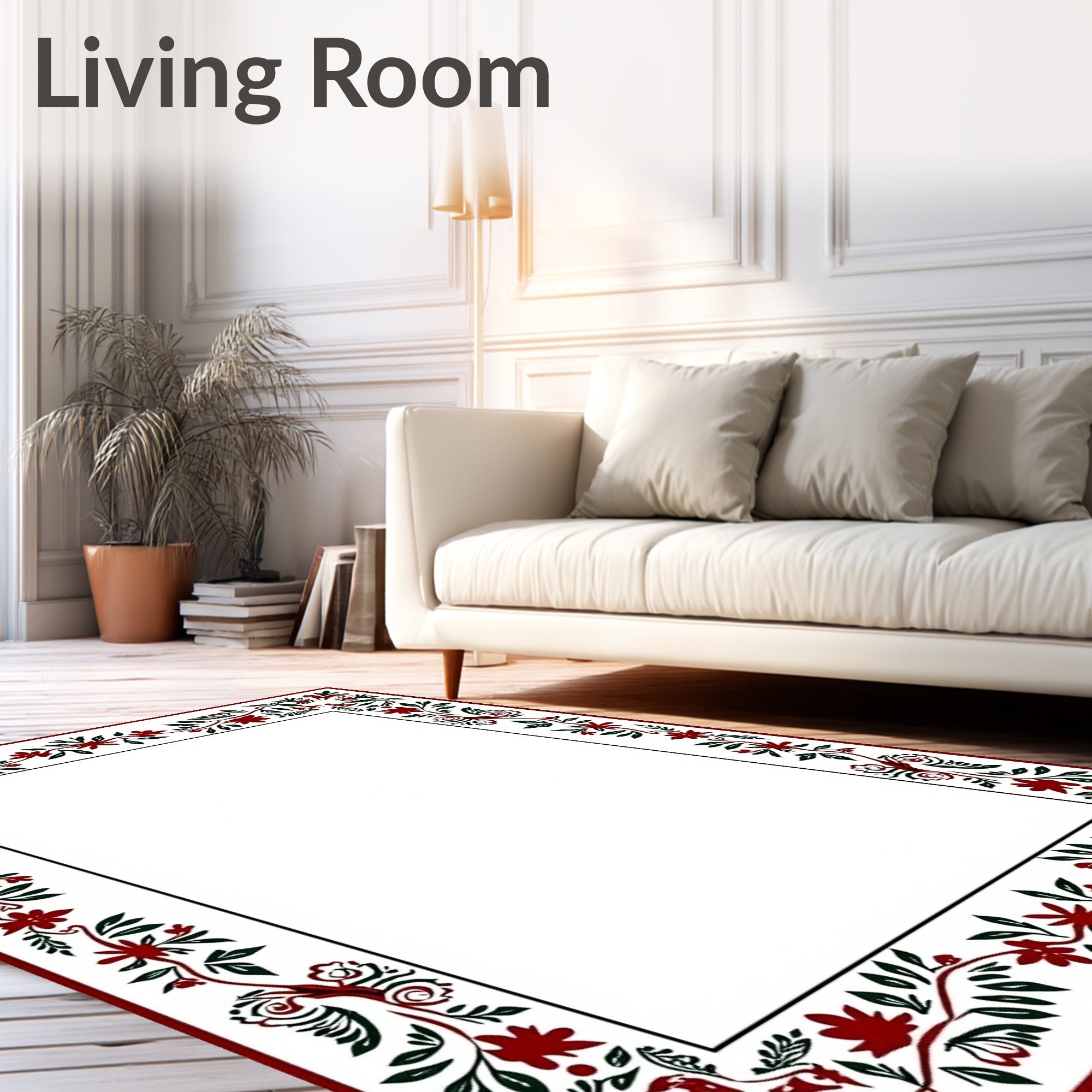 Dark Red Floral Vine BorderRug Rug