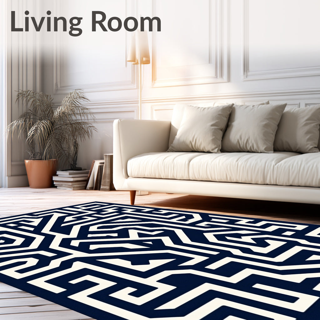 Deep Blue Maze Geometric Lines Rug