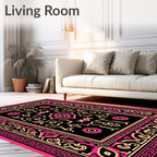 Black Pink Floral Geometric Border Rug