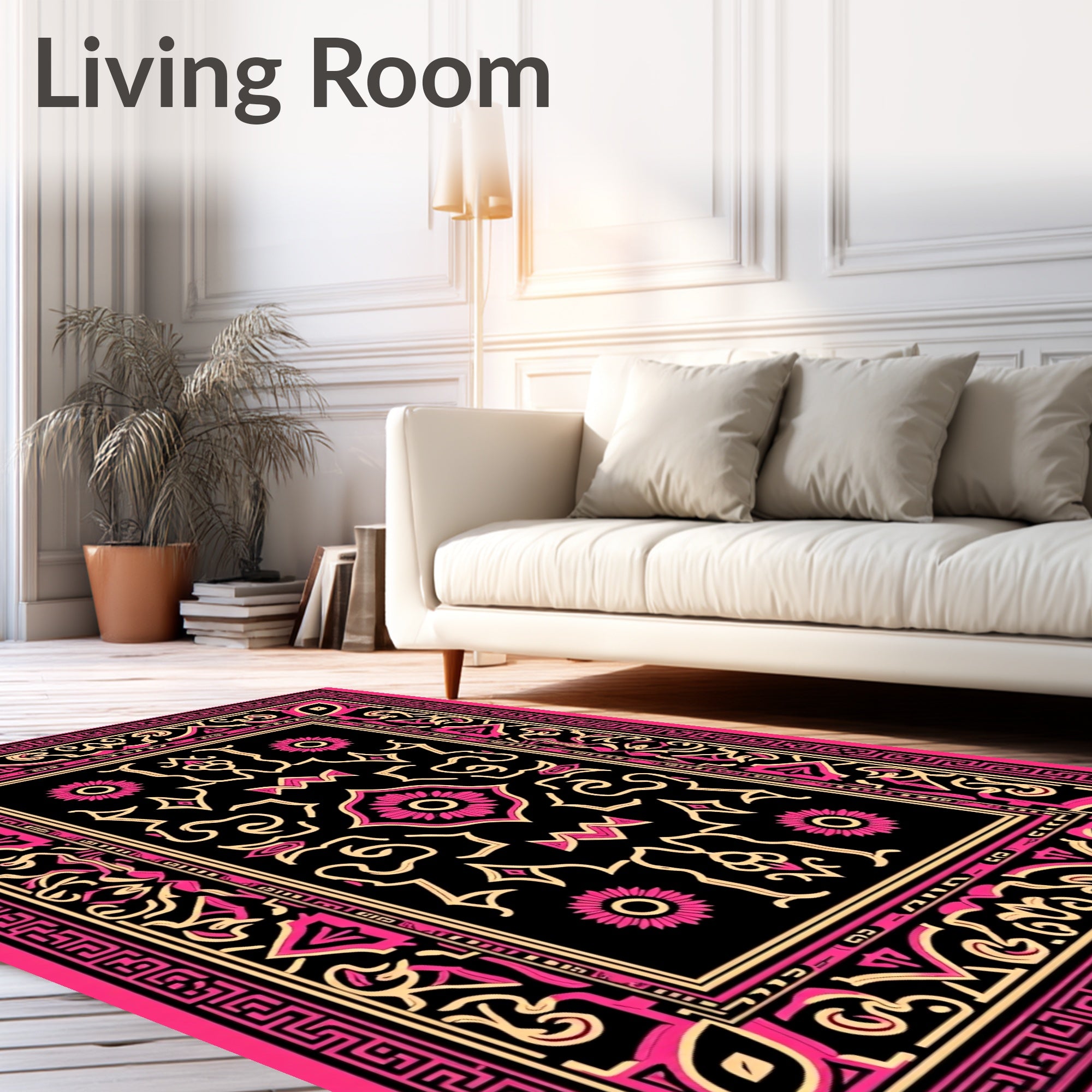 Black Pink Floral Geometric Border Rug