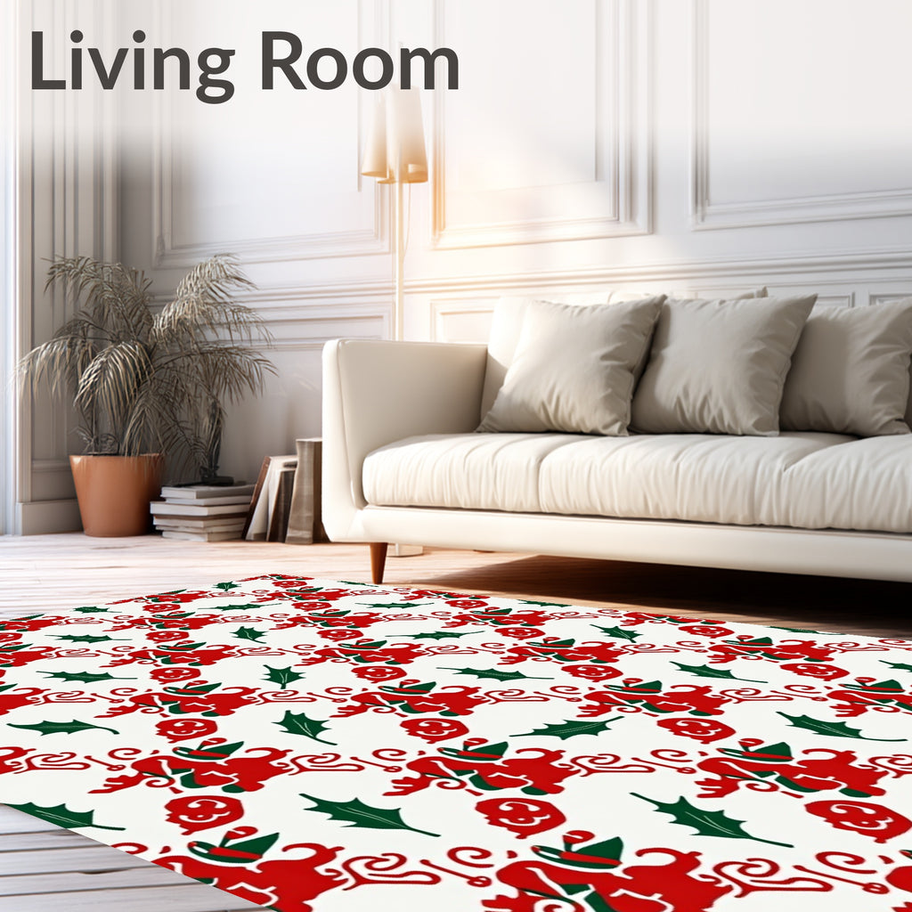 Festive Red Green Reindeer Holly Rug