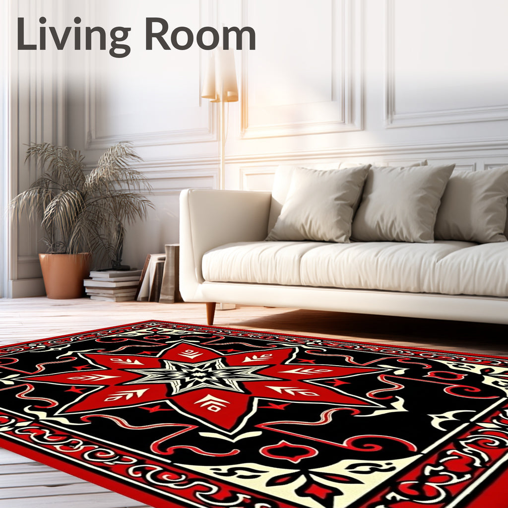 Bold Red Starburst Black Medallion Rug