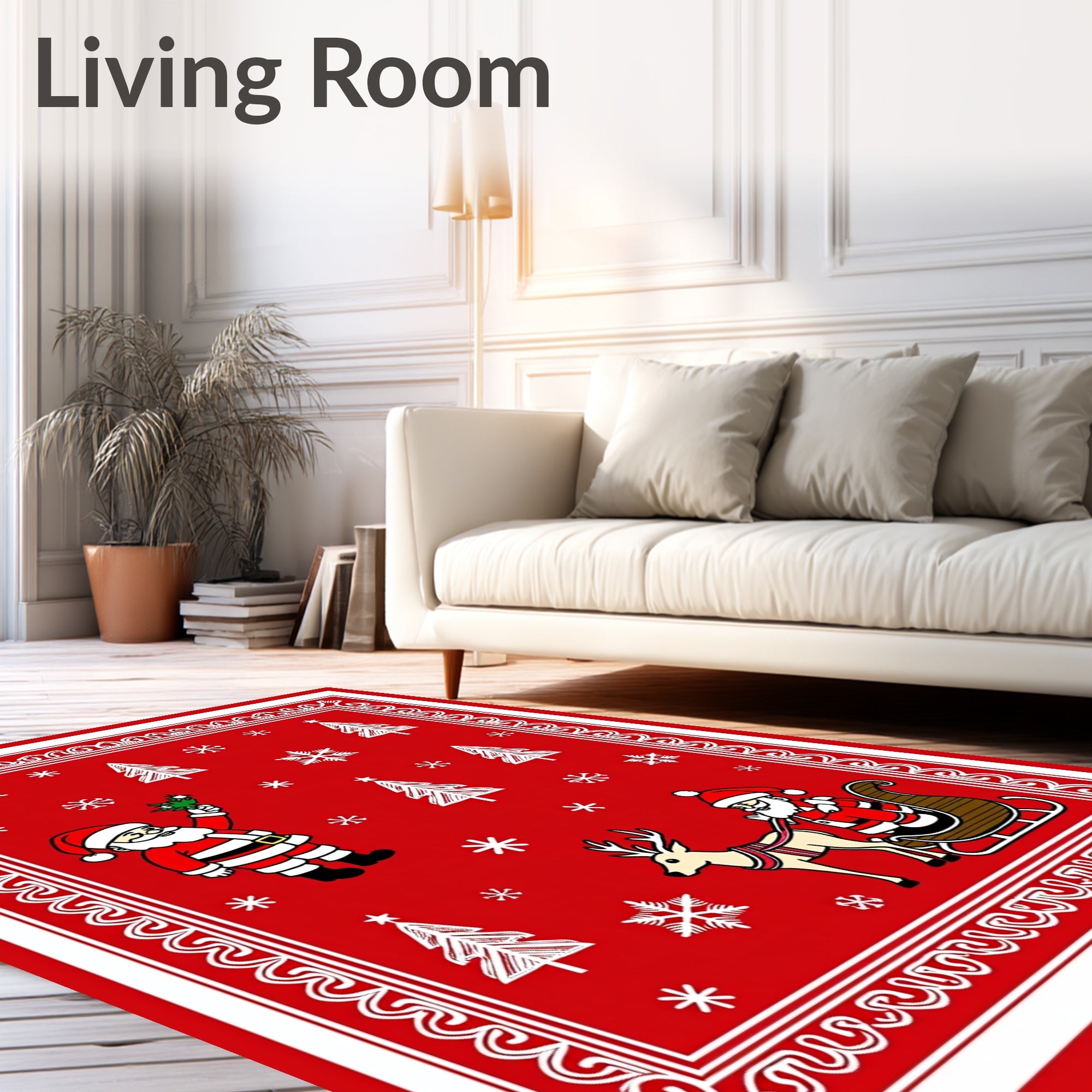 Festive Red Santa Sleigh Snowflakes Rug