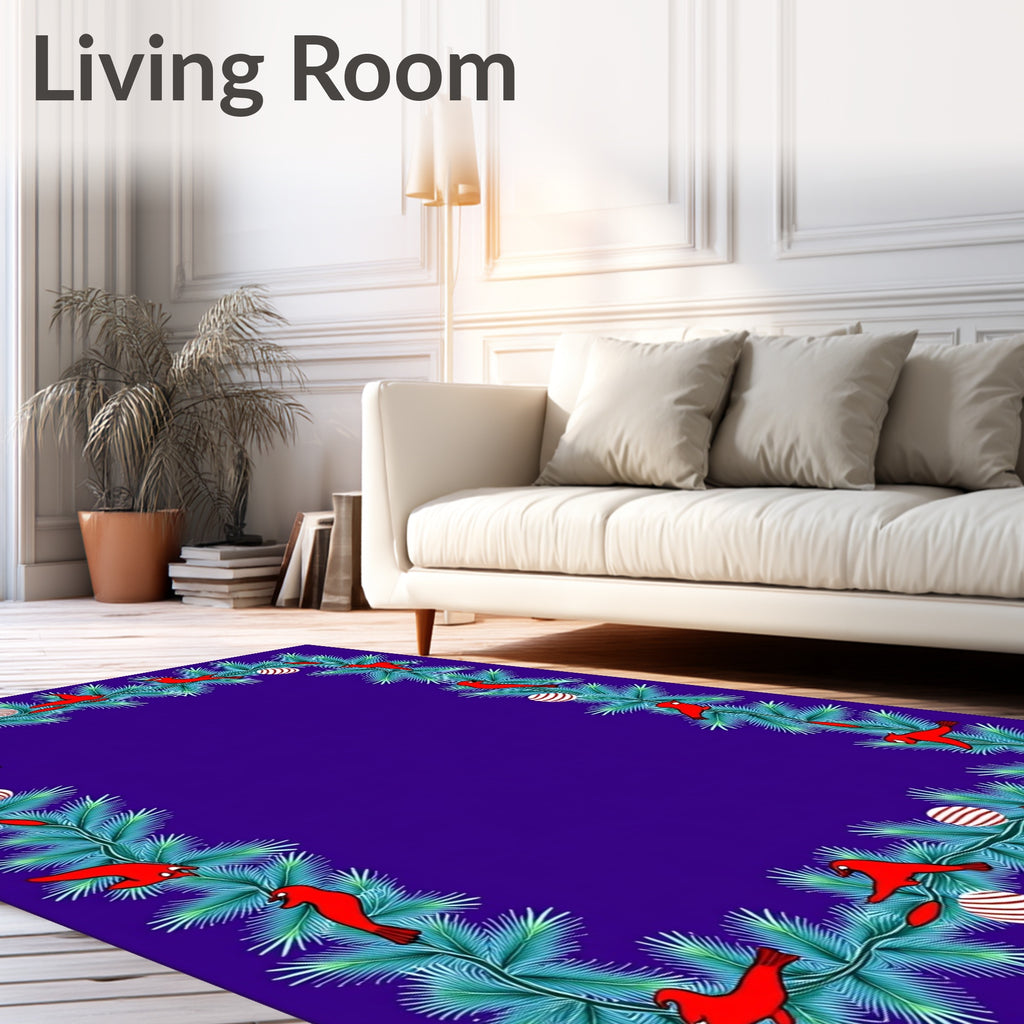 Red Cardinal Evergreen Garland Border Rug