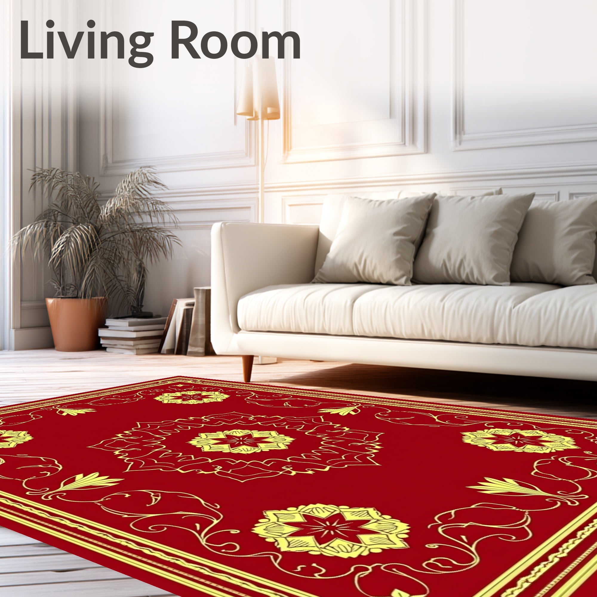 Crimson Yellow Floral Medallion Border Rug