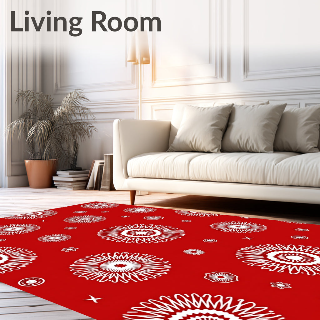 Crimson White Floral Burst Collage Rug