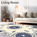 Cream Ivory Navy Mandala Medallion Border Rug