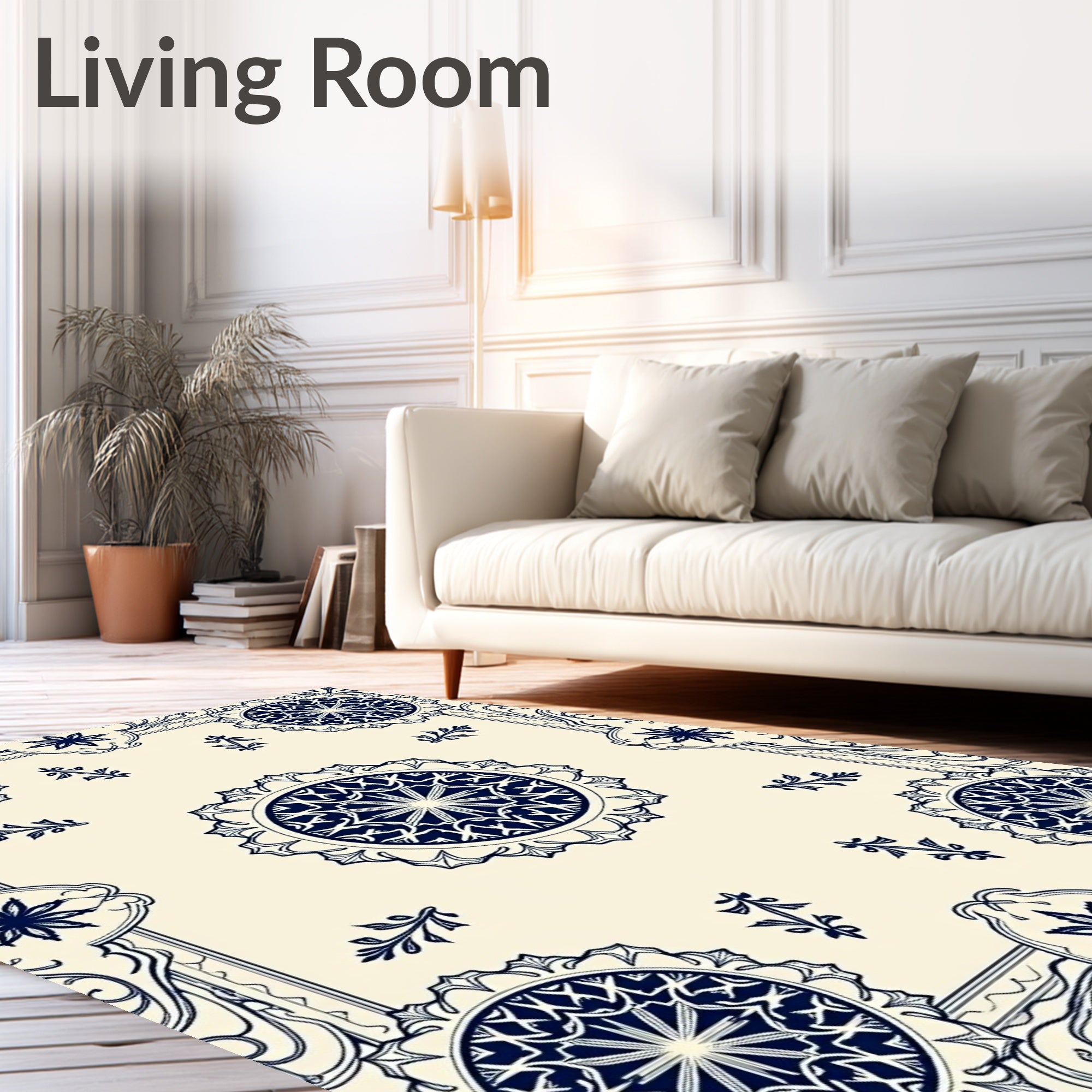 Cream Ivory Navy Mandala Medallion Border Rug