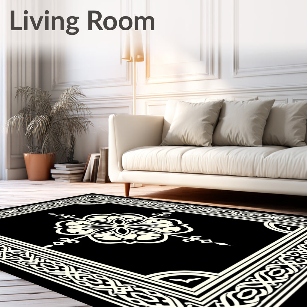Black and Ivory Intricate Floral Medallion Frame Rug