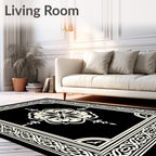 Black and Ivory Intricate Floral Medallion Frame Rug