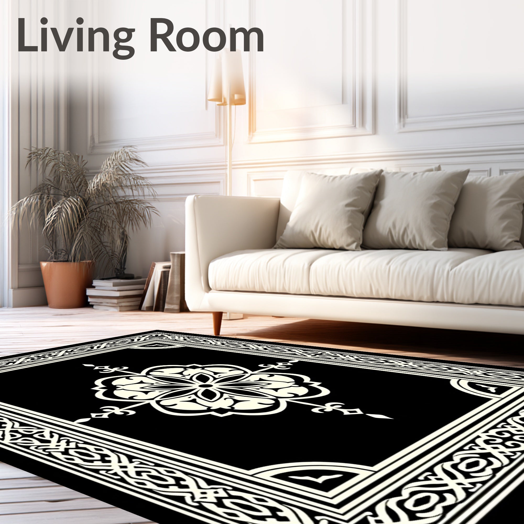 Black and Ivory Intricate Floral Medallion Frame Rug