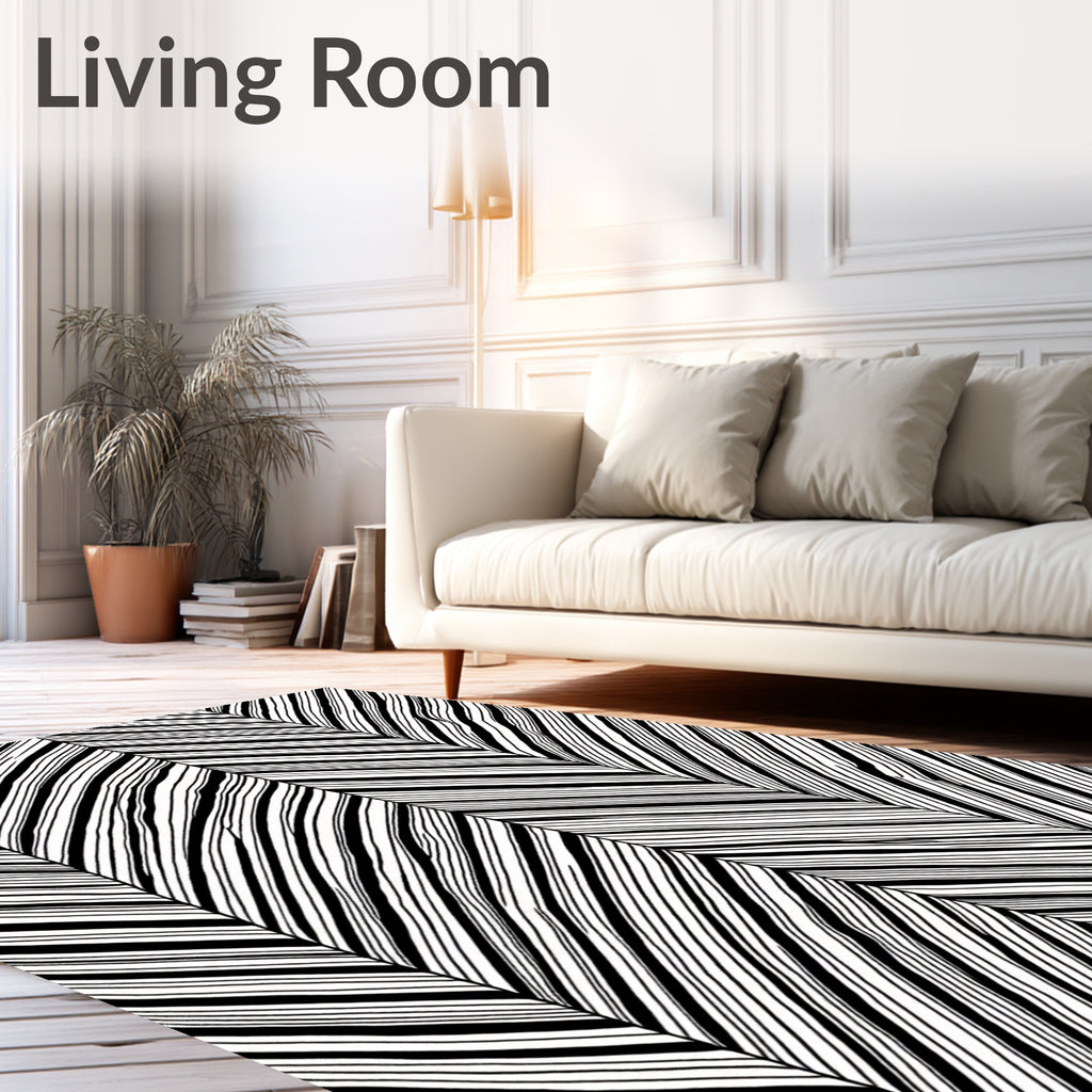 Black White Abstract Herringbone Swirl Rug