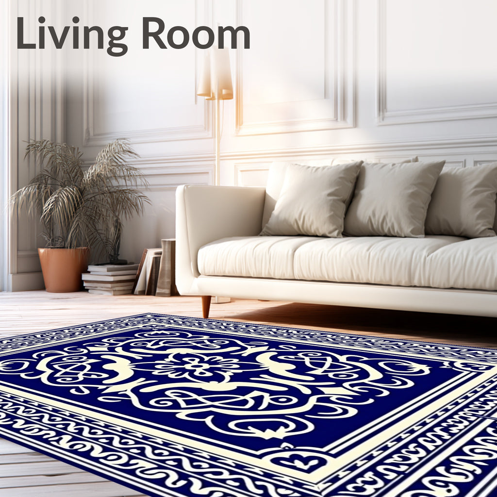 Navy Ivory Ornate Scrollwork Mandala Rug