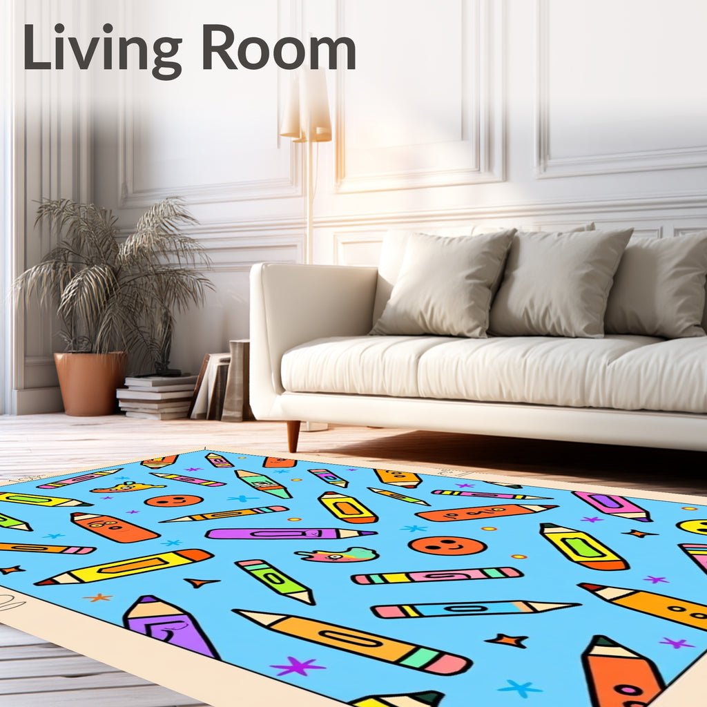 Playful Crayon Characters Scattered Across Blue Rug