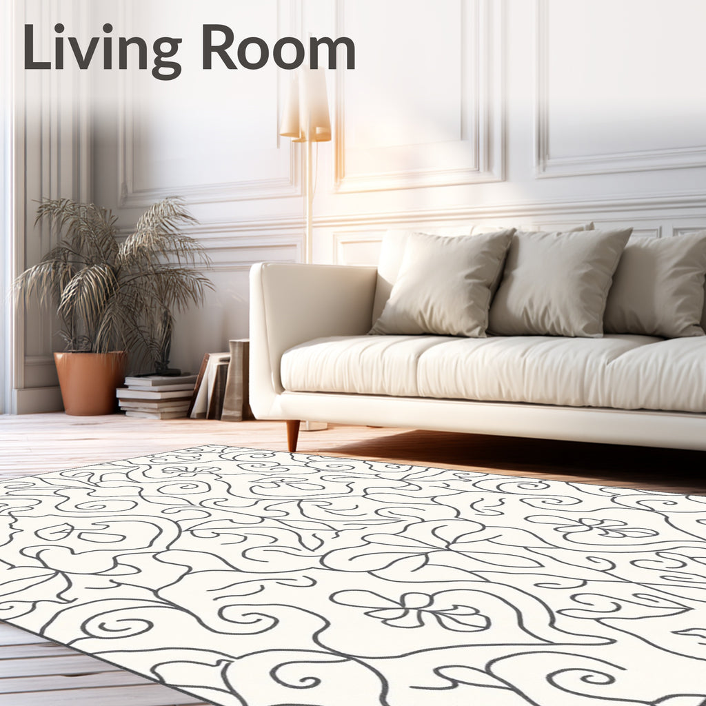 Classic Cream Charcoal Floral Damask Rug