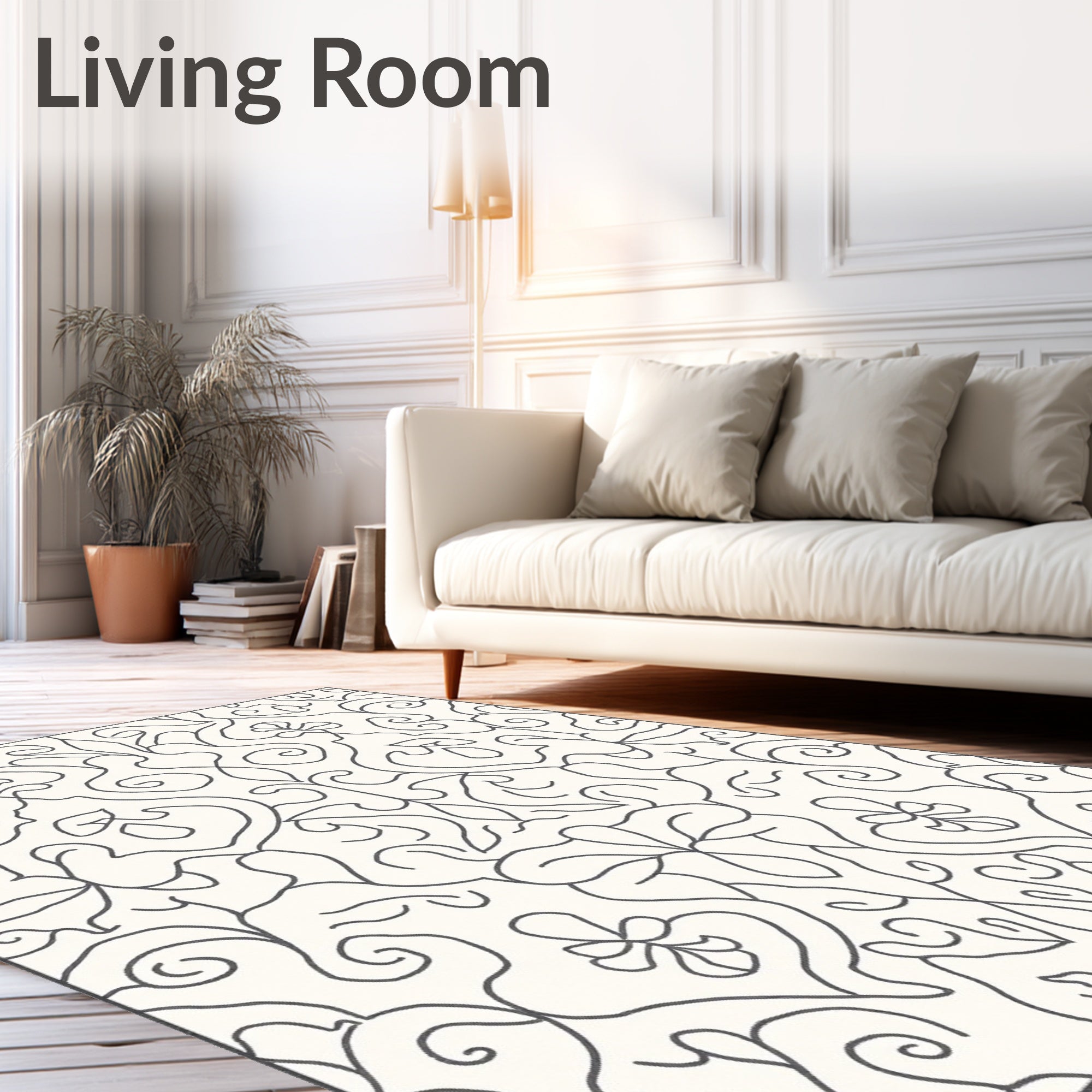 Classic Cream Charcoal Floral Damask Rug