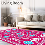 Vibrant Fuchsia Blue Folk Floral Medallion Rug