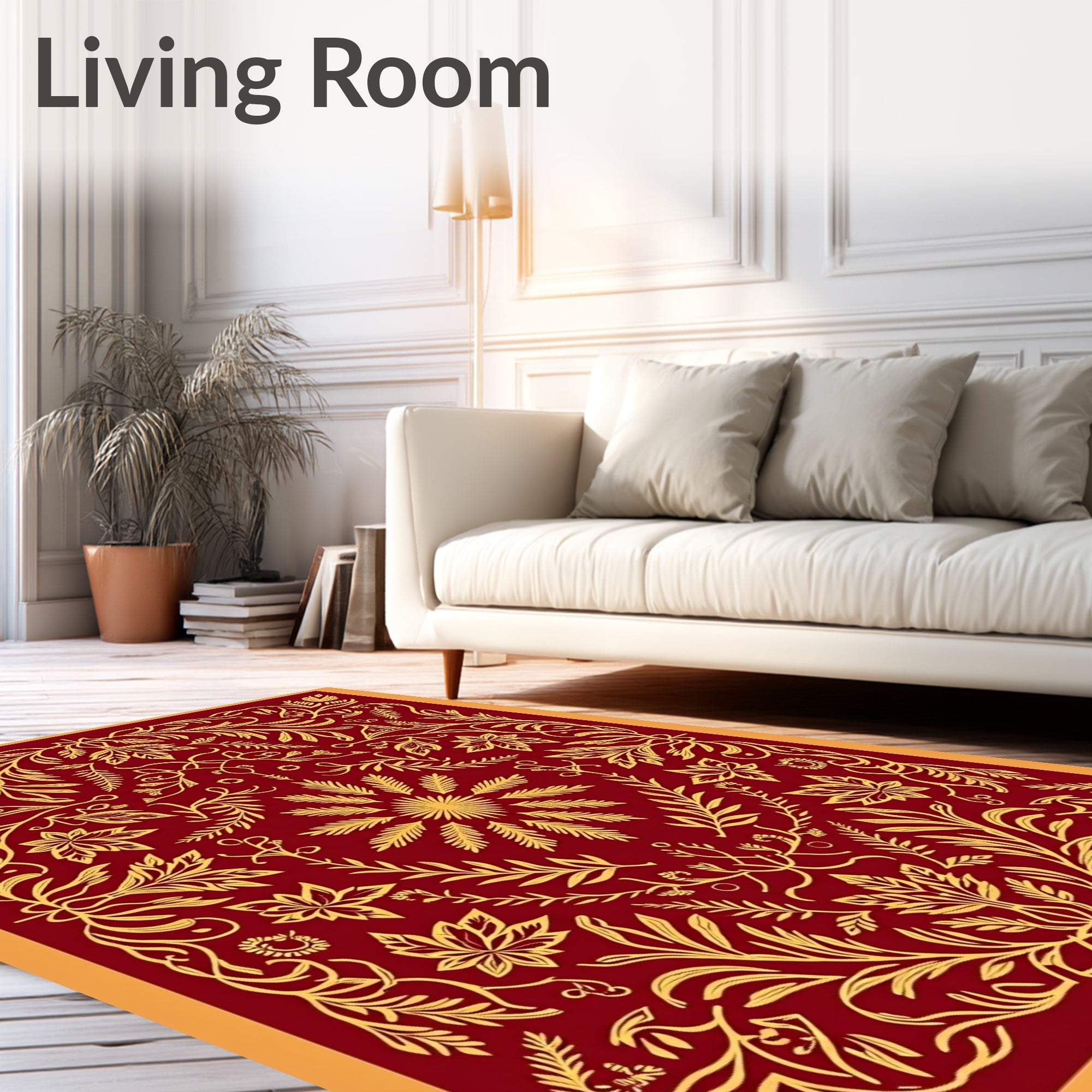 Regal Crimson Golden Floral Scroll Rug