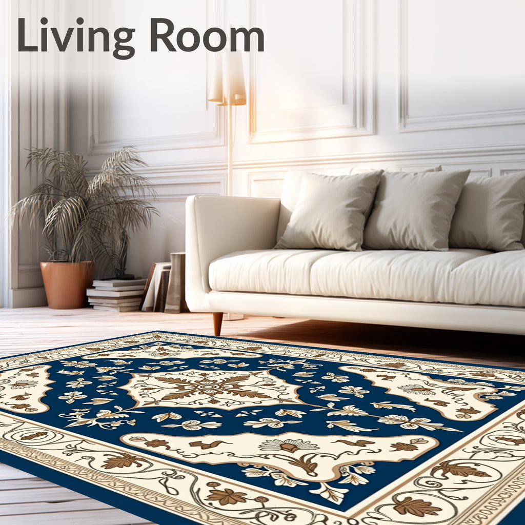 Navy Cream Floral Medallion Border Rug