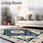 Navy Cream Floral Medallion Border Rug