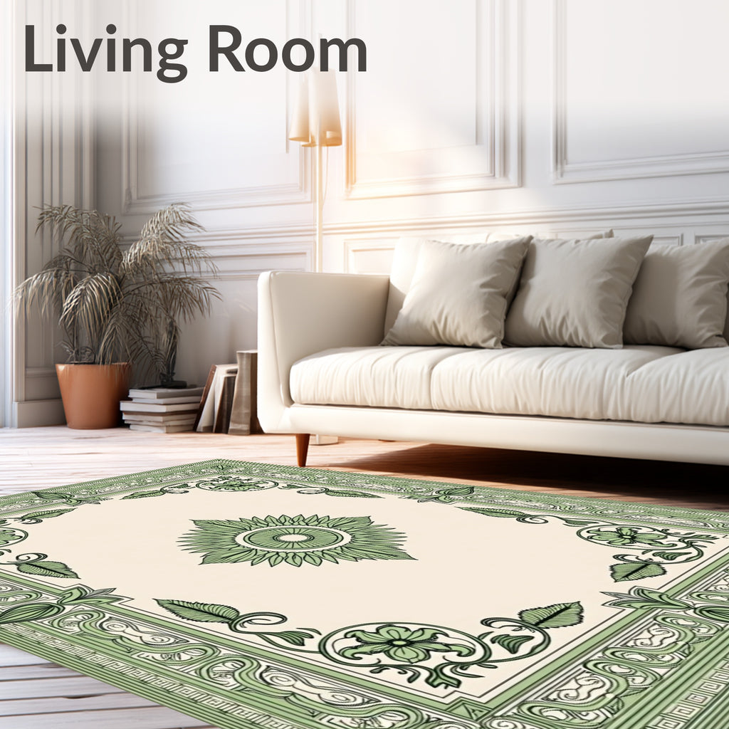 Sage Green Floral Medallion Border Rug