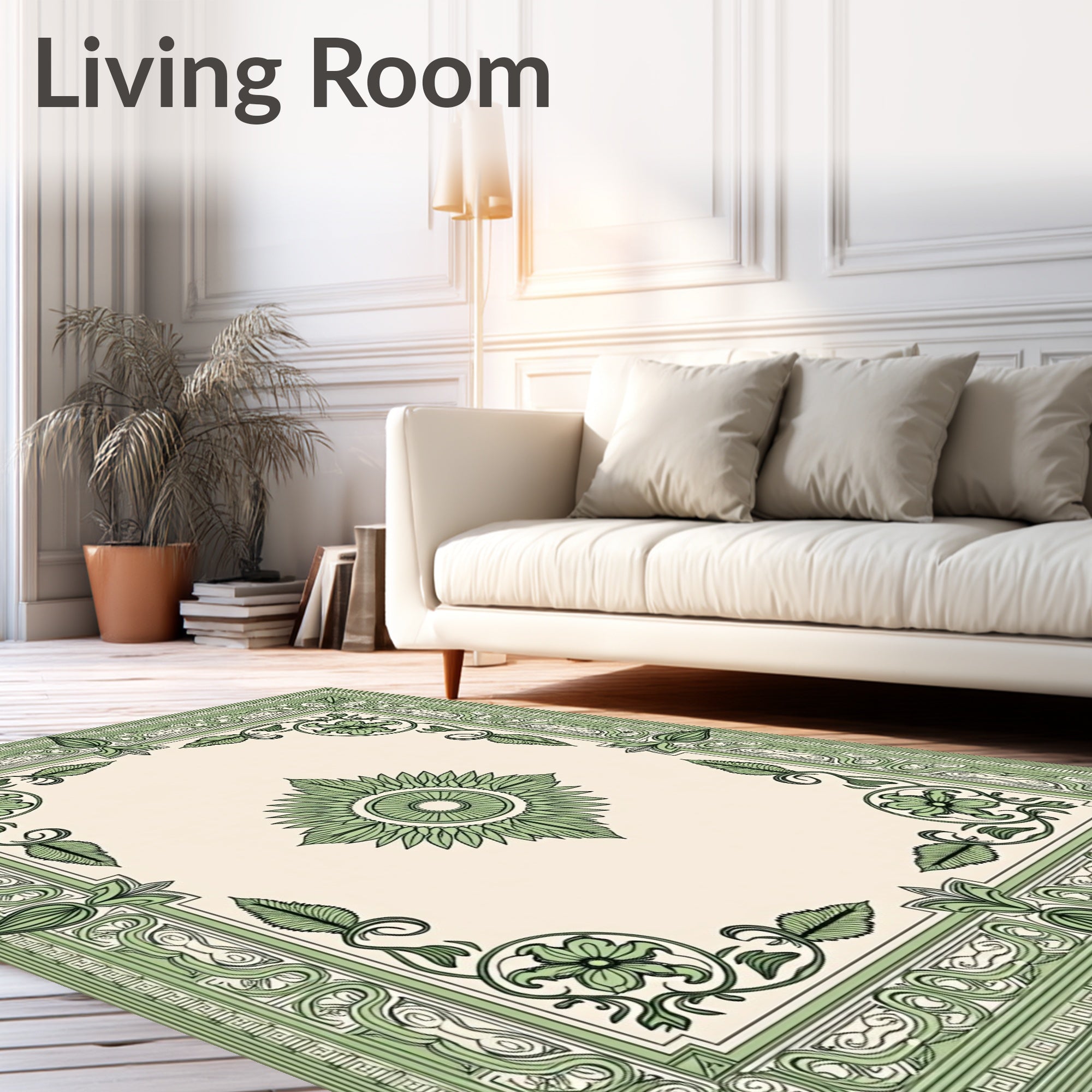 Sage Green Floral Medallion Border Rug