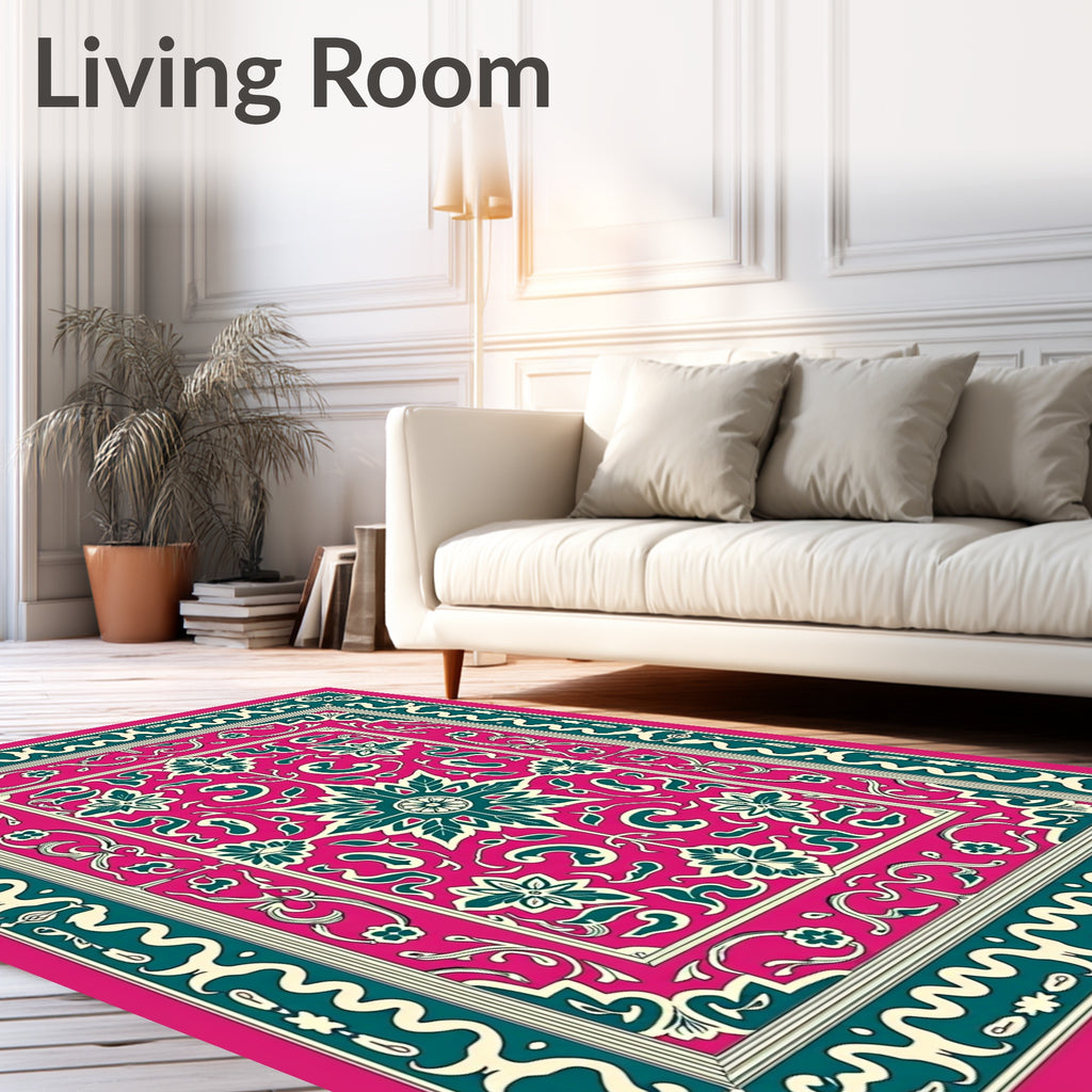 Rich Magenta Teal Floral Medallion Border Rug