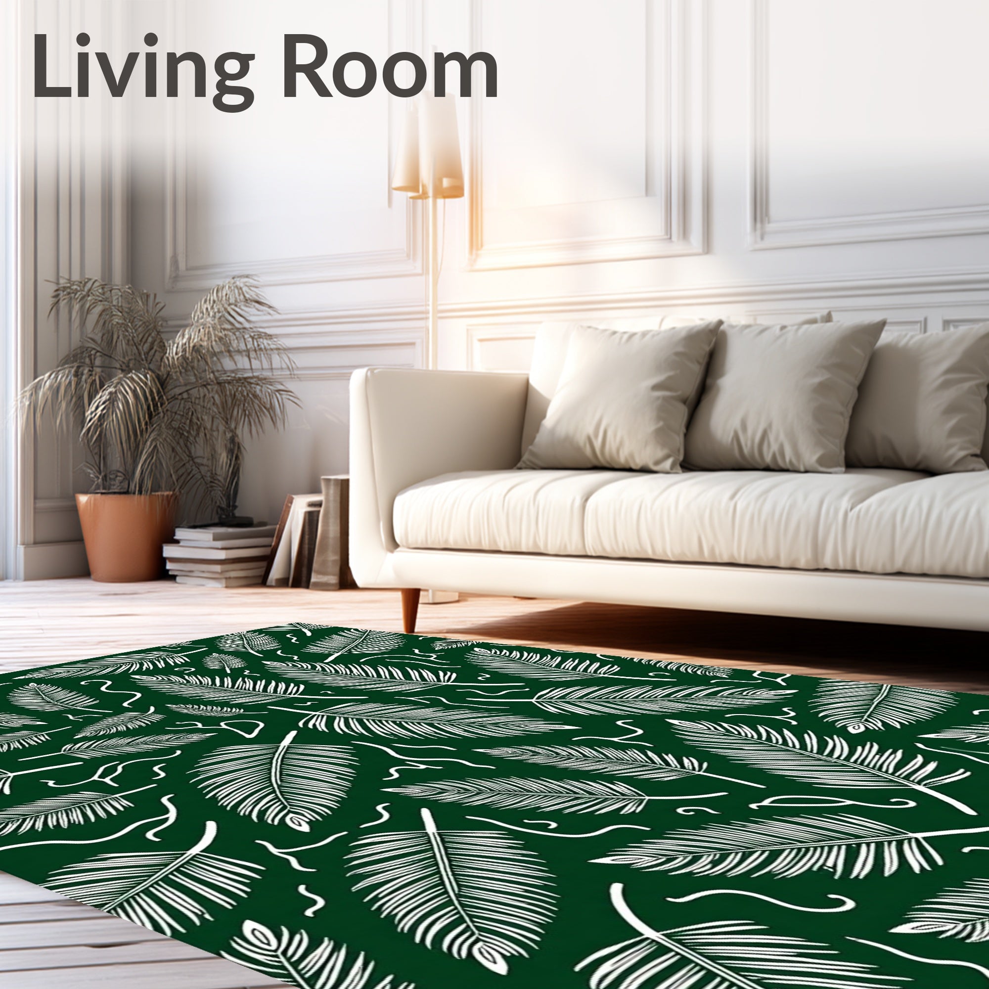 White Feather Leaf Fern Swirls Rug