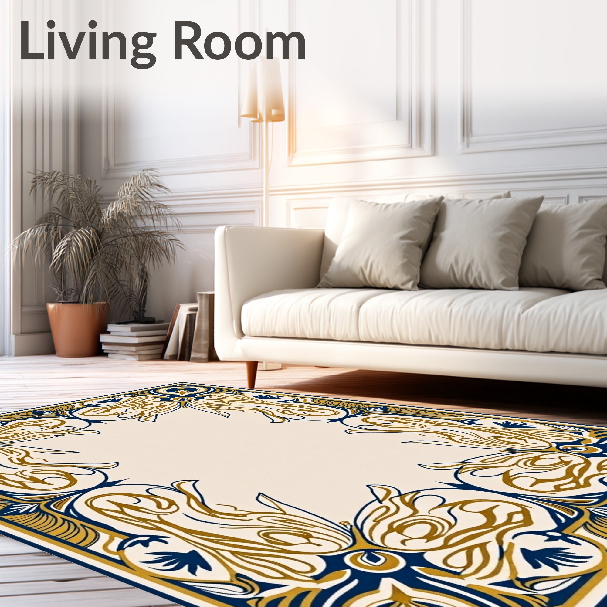 Navy Gold Art Nouveau Border Rug