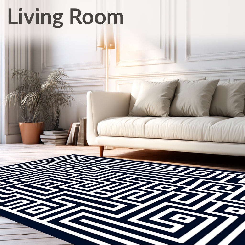 Dark Blue White Abstract Maze Rug