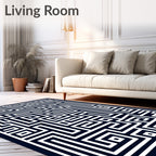 Dark Blue White Abstract Maze Rug