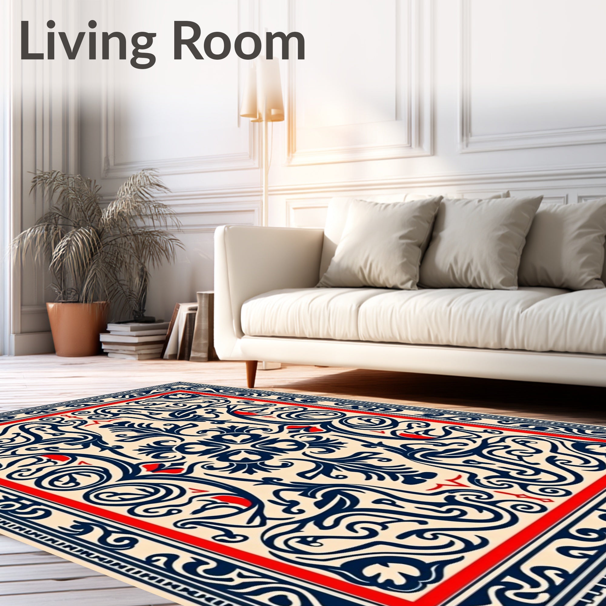 Crimson Blue Floral Scrollwork Medallion Rug