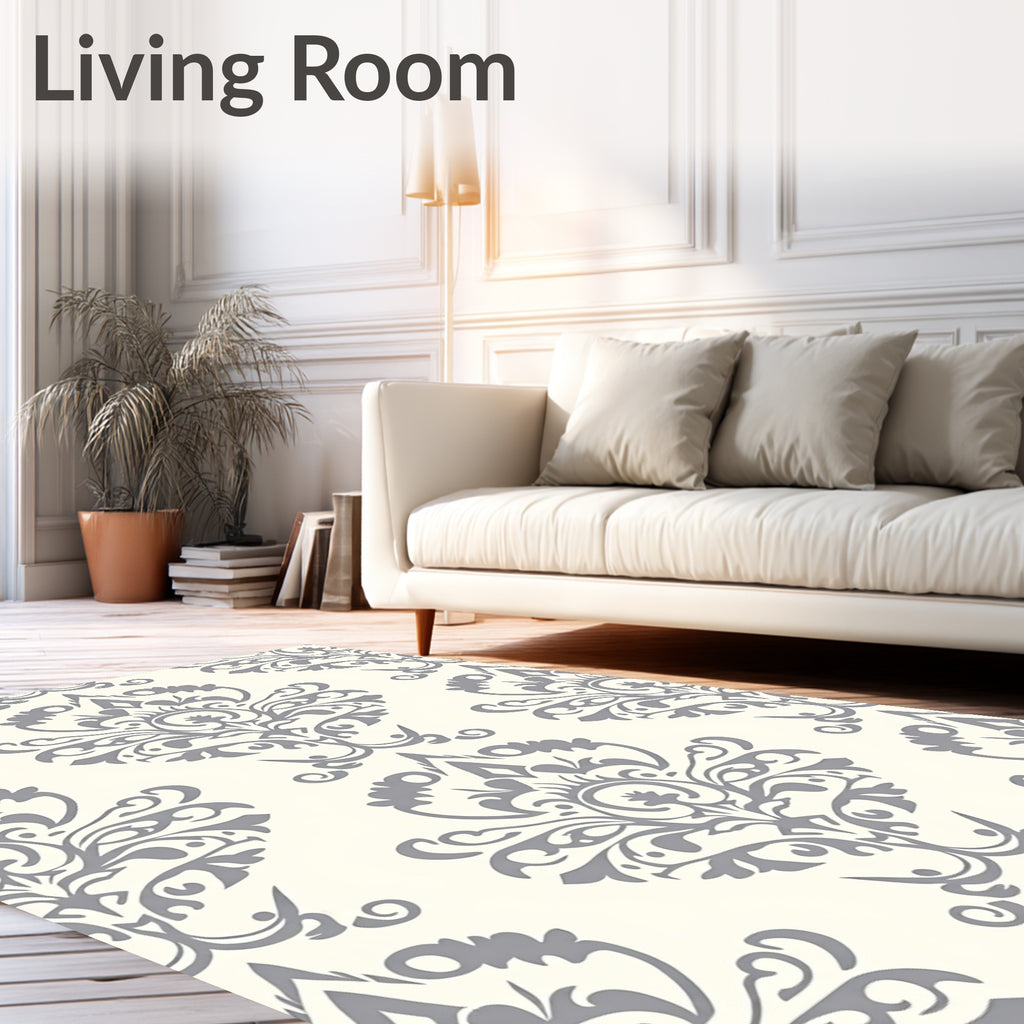 Elegant Ivory Gray Damask Scroll Rug