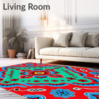 Vibrant Red Turquoise Floral Mandala Rug
