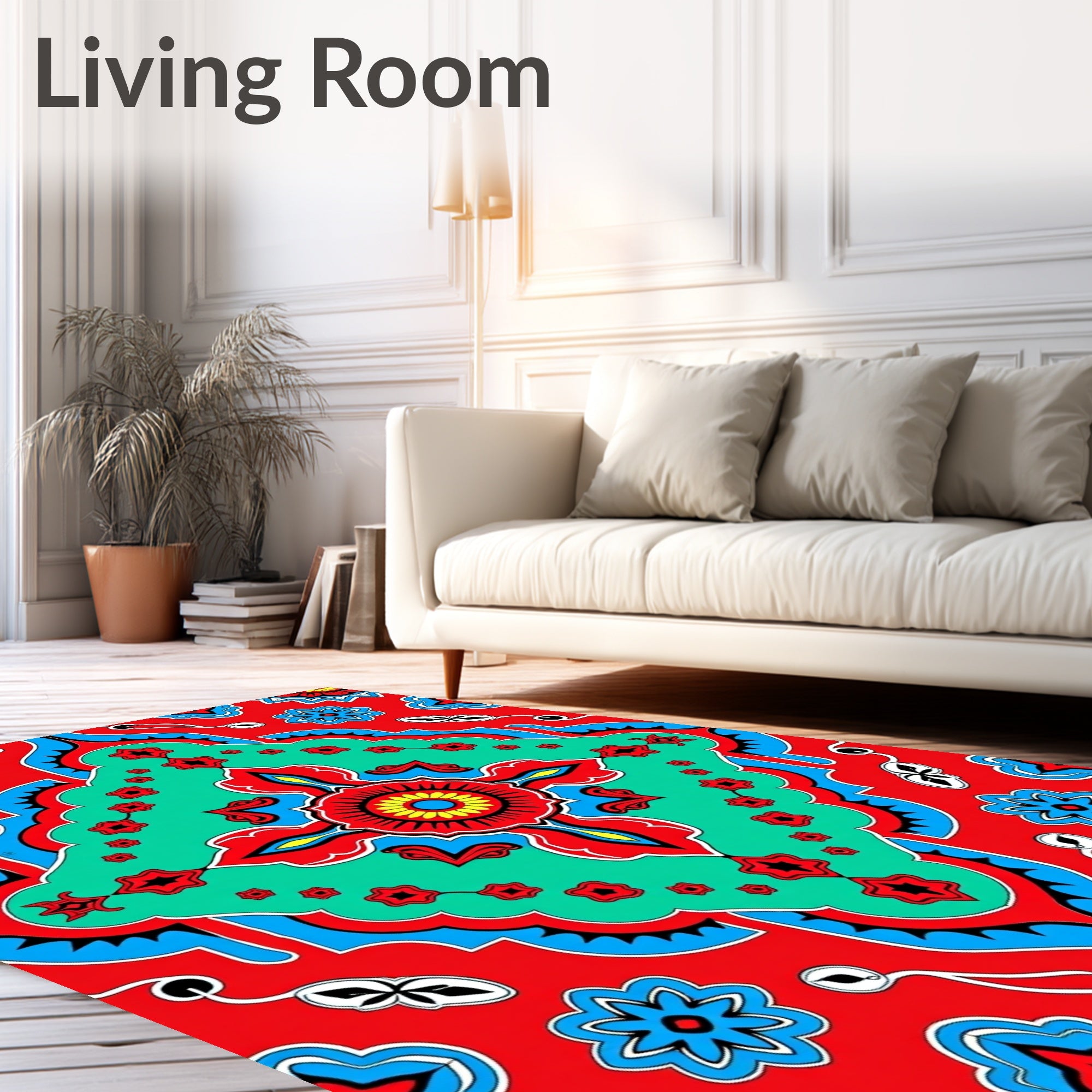 Vibrant Red Turquoise Floral Mandala Rug